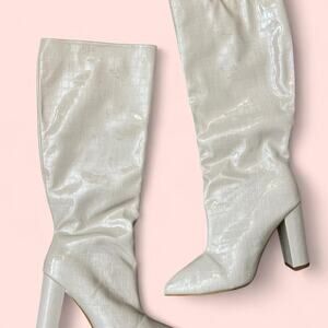 White faux leather knee high boots
